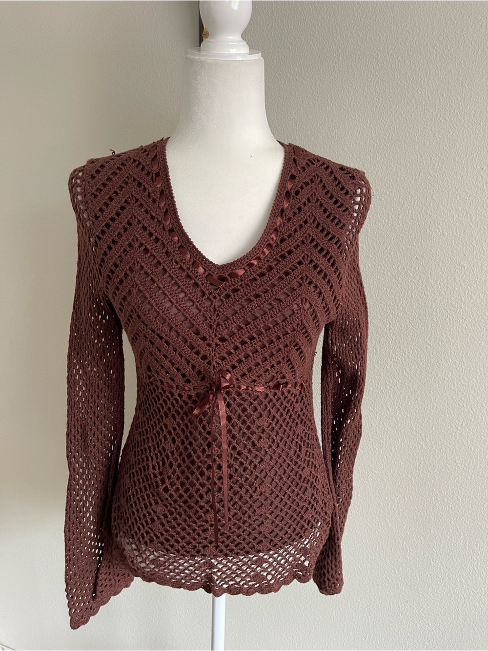 Crochet Tie-Waist V-Neck Blouse - Brown